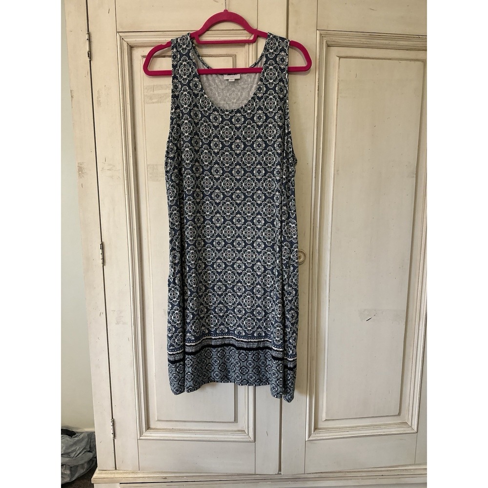 J Jill Sleeveless Wearever Dress XL Blue Floral Geometric Soft Velvet Rib Trim